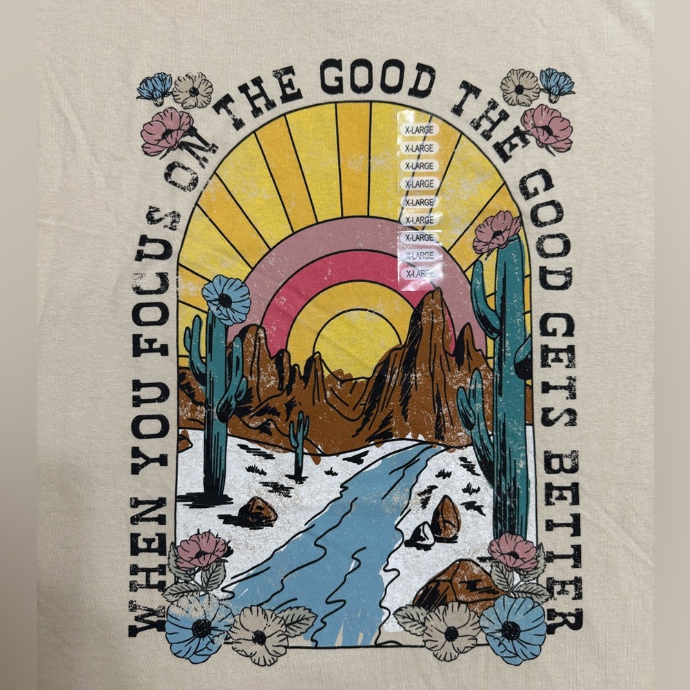 Graphic T-Shirt Colorful Sunrise Sunset Western Design Cream 2X - XXL New W/tags